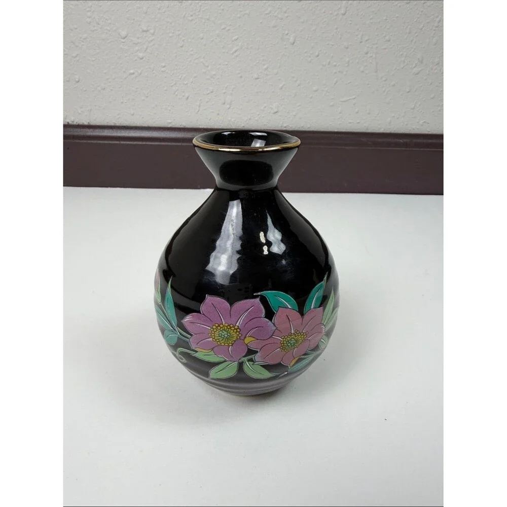 Vintage Black Floral Bud Vase Japan Hand Painted Pink Flowers Gold Trim Ceramic